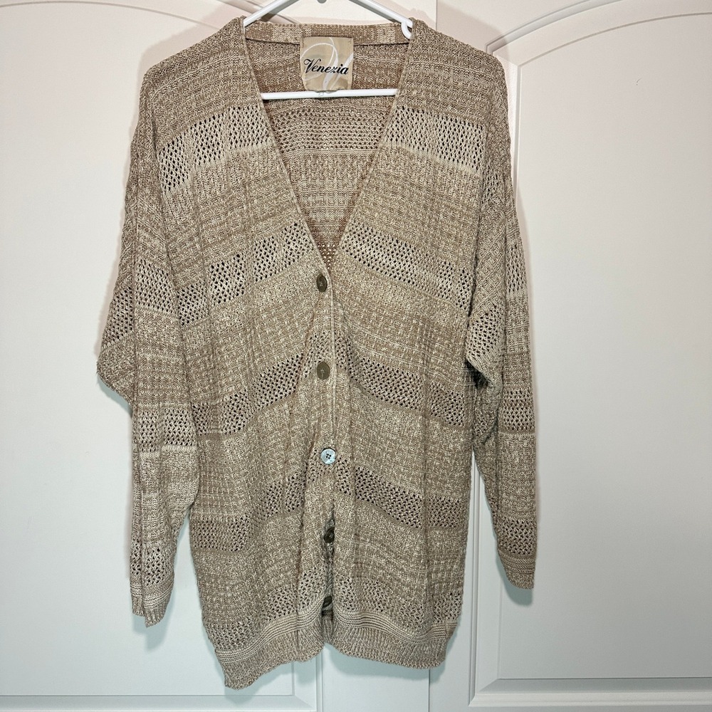 Venezia Knit Cardigan Duster Open Weave Lightweight Beige Crochet Knit L‎